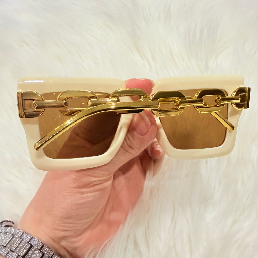 Cream Square Oversized Sunglasses Gold Chunky Chain Link Temples Retro Statement - Picture 2 of 4